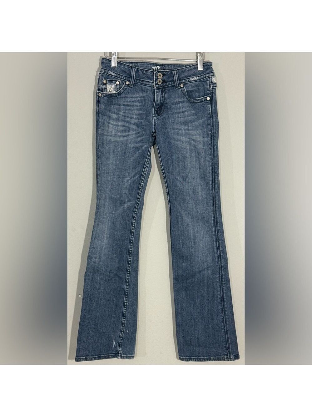 Miss Me Low Rise Bootcut Jeans Embellished Pockets Y2K Blue Denim
